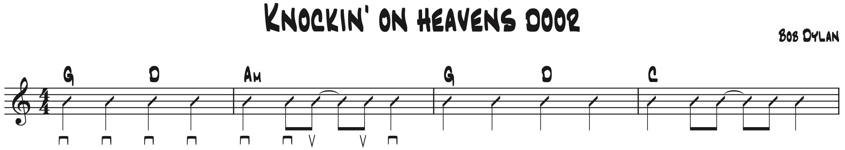 Strumming pattern and chord sequence G &ndash; D &ndash; Am &ndash; G &ndash; D &ndash; C for &lsquo;Knockin&rsquo; on Heaven&rsquo;s Door&rsquo; by Bob Dylan in standard notation.