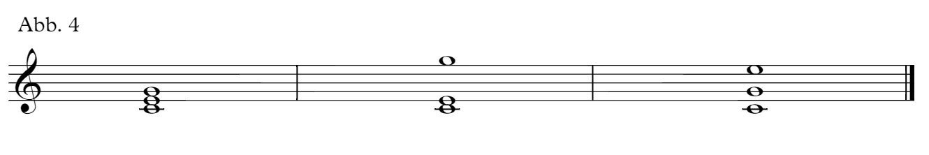 C-Dur Akkord in enger Lage, in der Mitte in gemischter und rechts in weiter Lage.