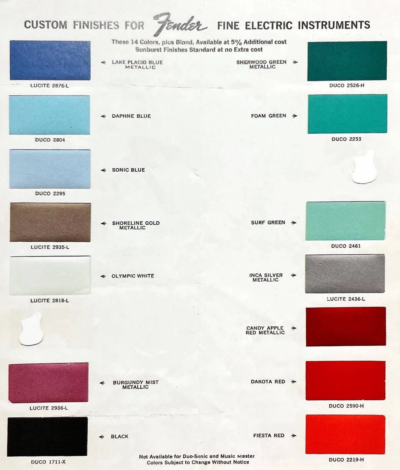 Fender Custom Colors Prospekt mit Farbpalette für Gitarren ab 1960