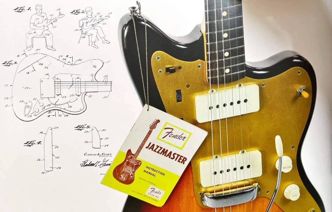 Fender Jazzmaster Gitarre aus den 1960er Jahren mit Design-Skizze