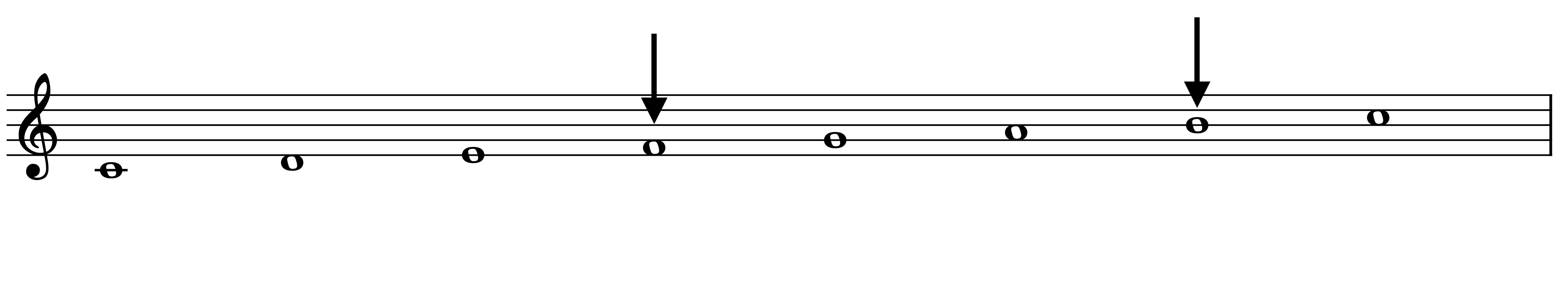 C major scale with arrows above indicating upcoming semitone steps.