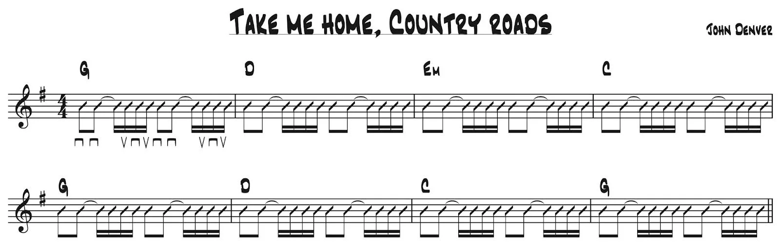 Strumming pattern and chord progression G – D – Em – C – G – D – C – G for ‘Take Me Home, Country Roads’ by John Denver in standard notation.