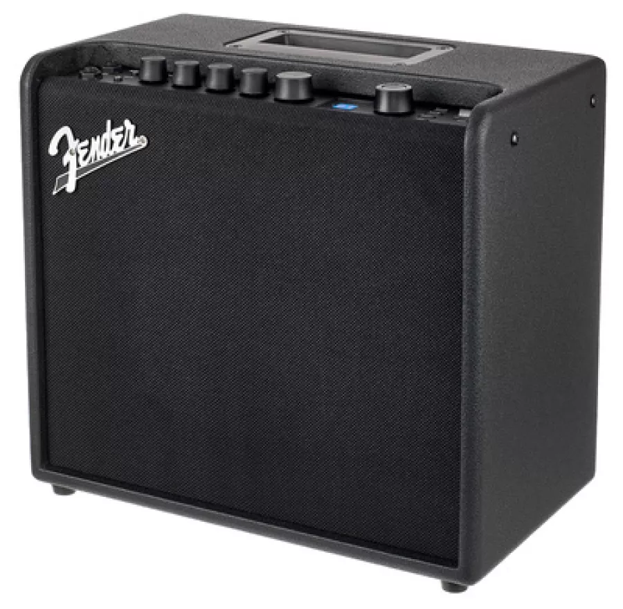 Fender Mustang LT25 black guitar combo amp, angled front view with top-mounted control knobs and handle.