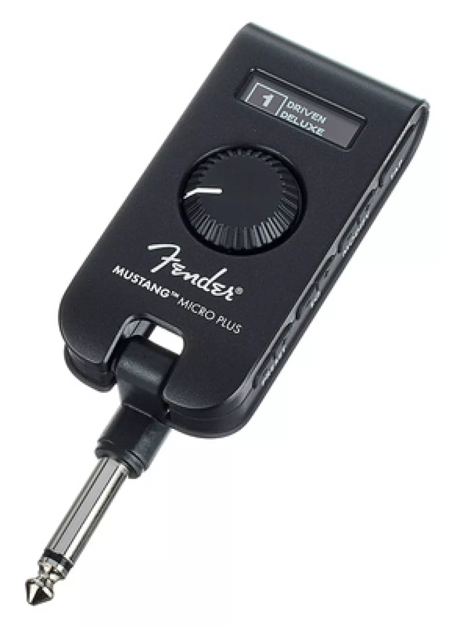 Fender Mustang Micro Plus black headphone guitar amp with built-in jack plug, display and control wheel.