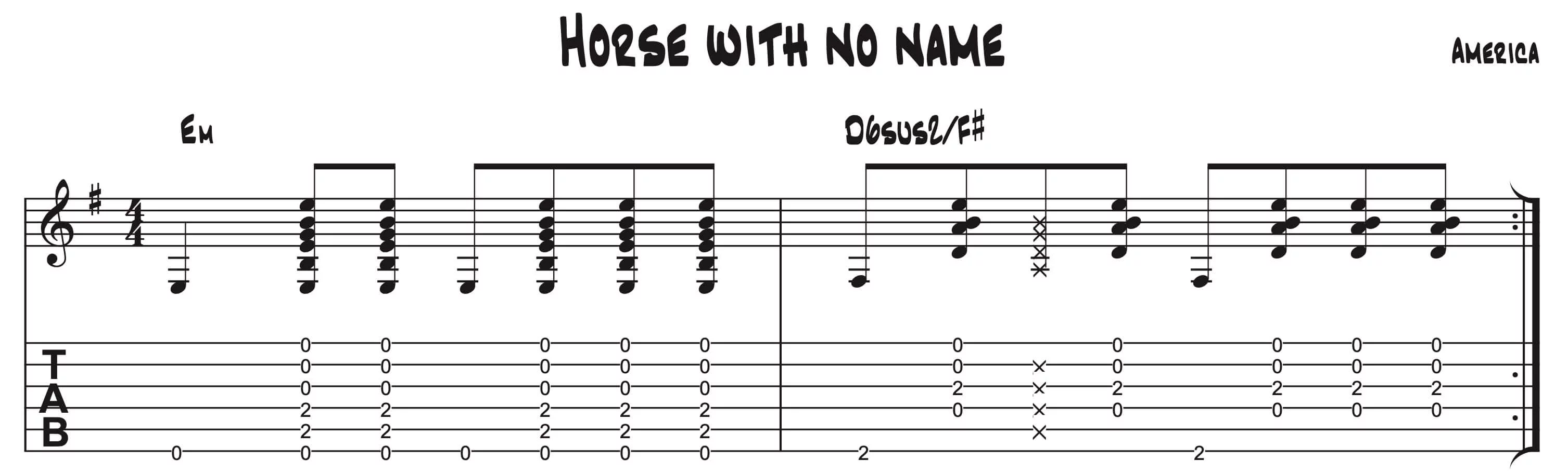Chord voicings and picking pattern for Em and D6sus2/F♯ from ‘Horse with No Name’ by America in standard notation and guitar TAB.