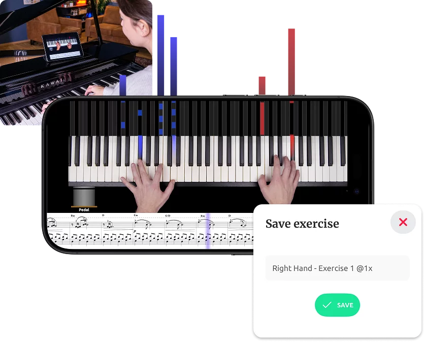 Visual representation of the app and features using the piano as an example