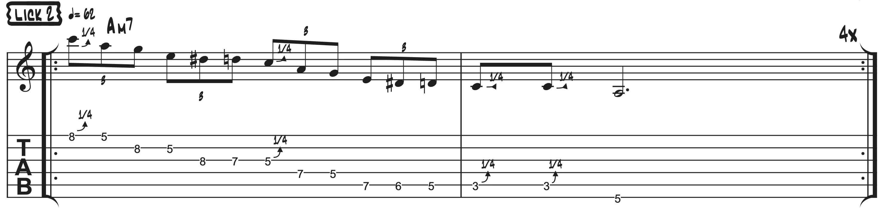 TAB-Noten für Lick 2 in A-Moll-Blues-Pentatonik.