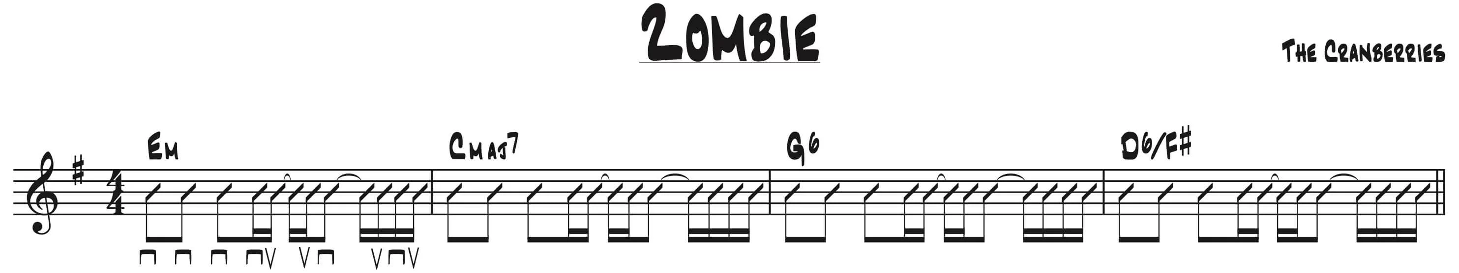 Strumming pattern and chord progression Em – Cmaj7 – G6 – D6/F♯ for ‘Zombie’ by The Cranberries in standard notation.